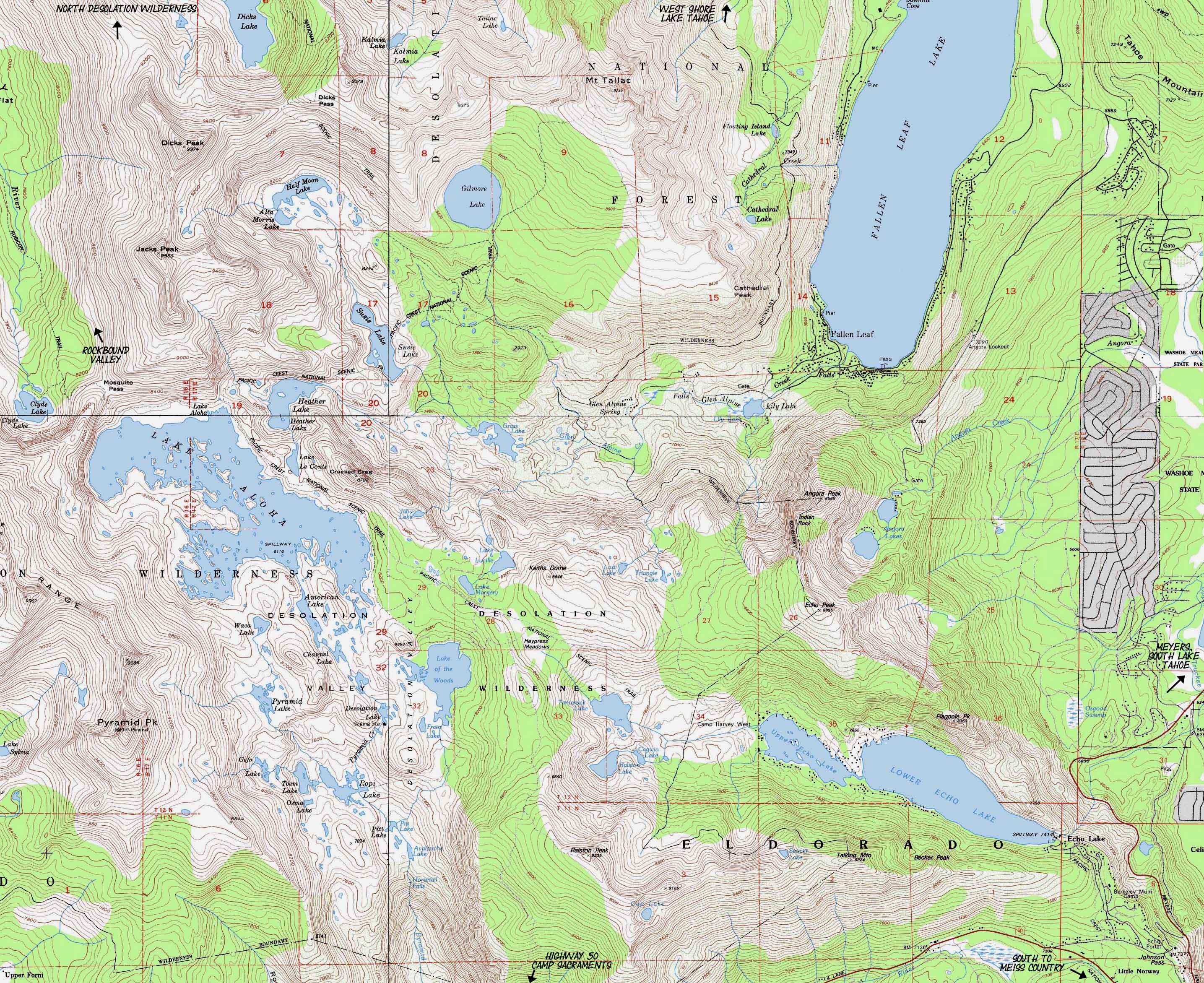 Map of Lake Aloha in the South-Center of Desolation Wilderness.