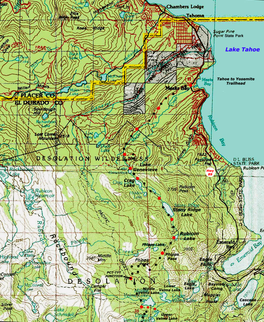 Meeks Bay to Middle Velma Lake: Tahoe to Yosemite Trail topo hiking map.