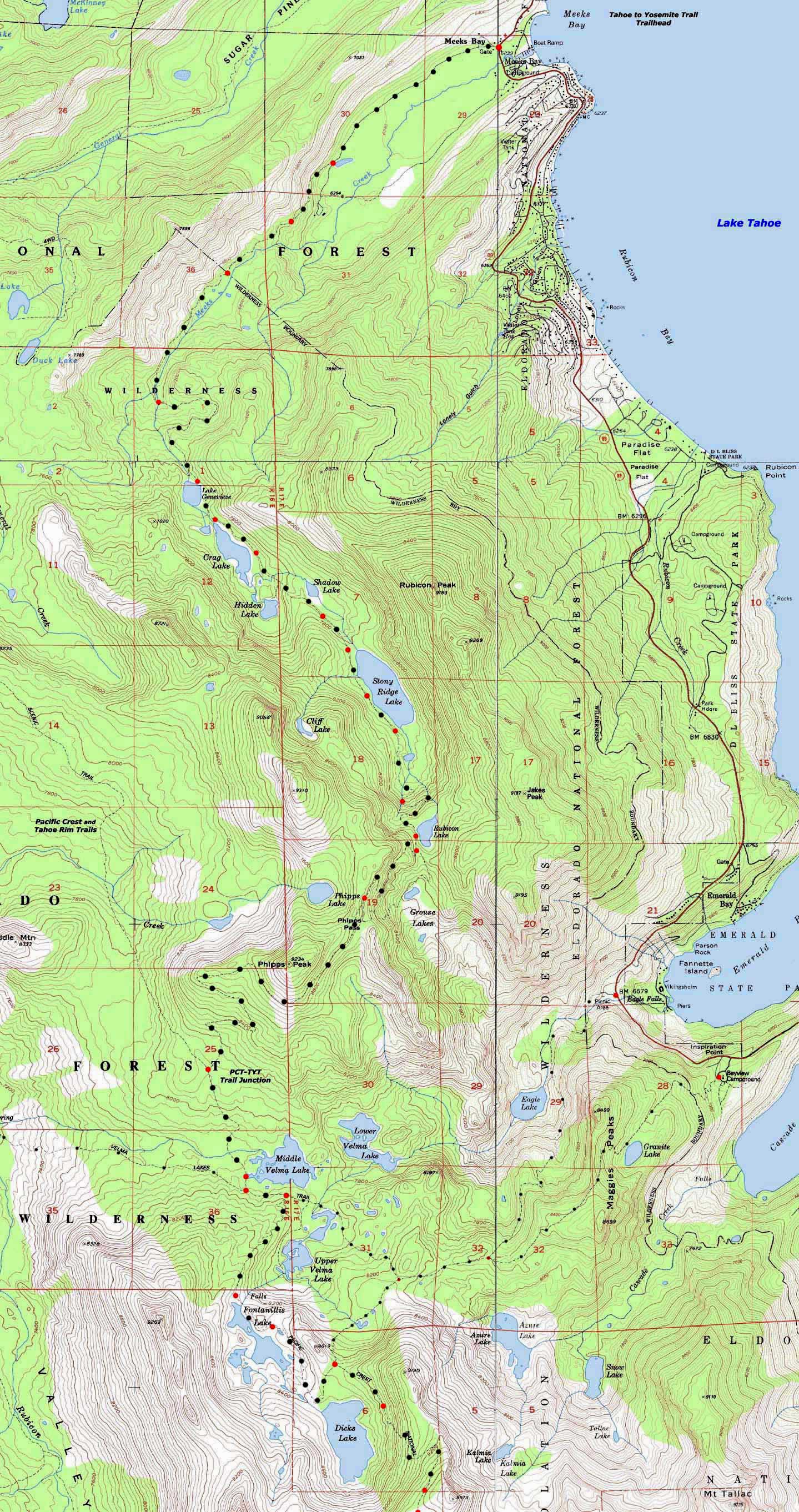 Meeks Bay Trailhead region topo hiking map.