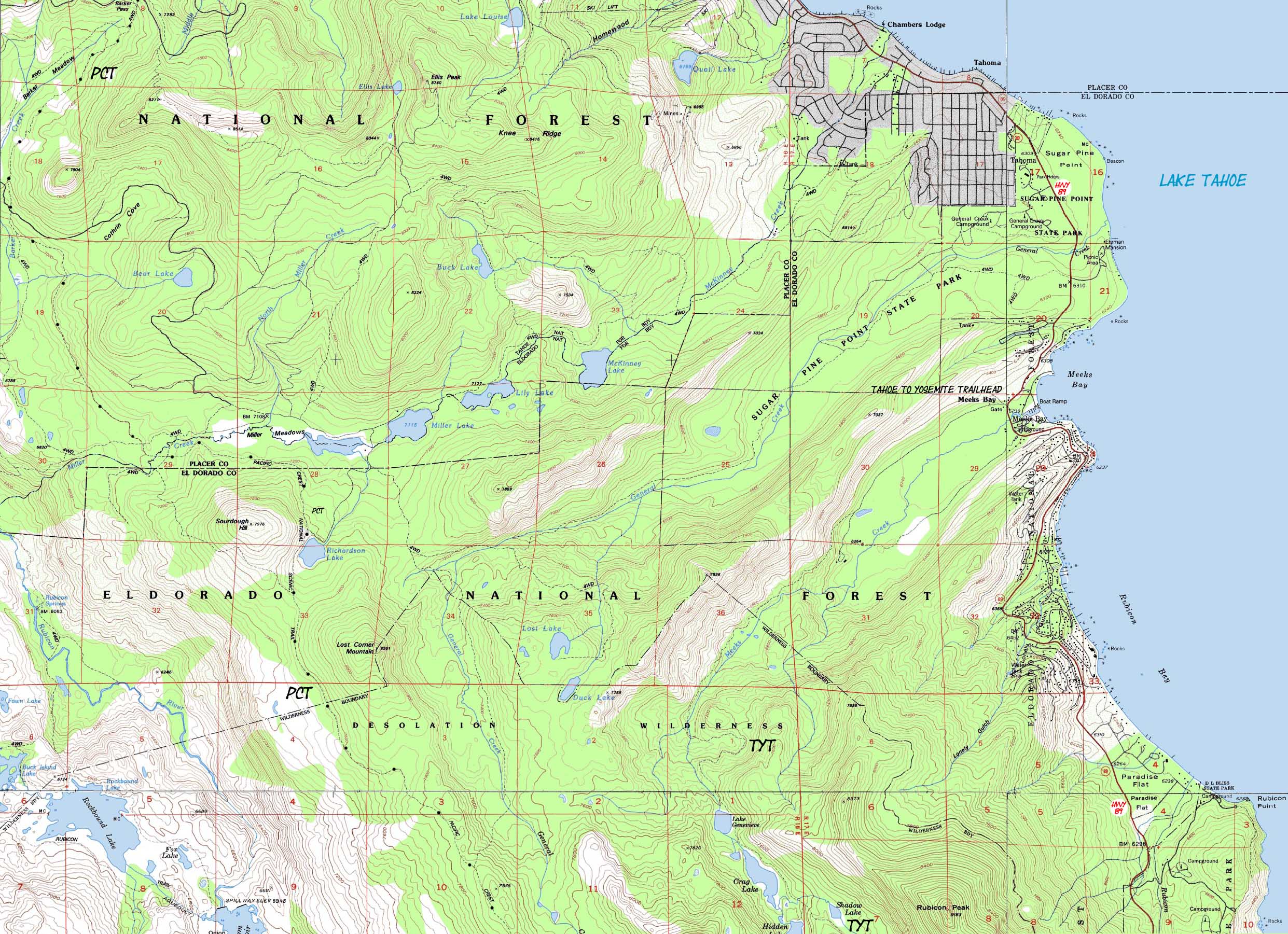 North Desolation and Sugar Pine State Park backpacking map.