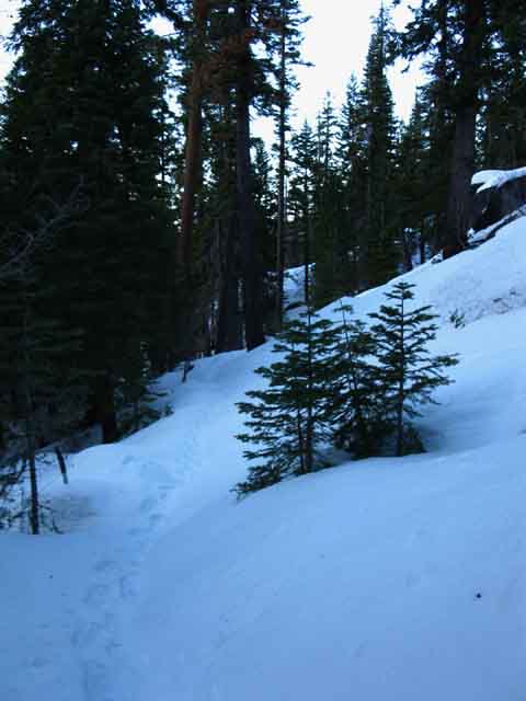 Climbing to Round Lake from Meyers in snow conditions.