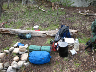 Jack Main Canyon campsite with all necessaries laid out within easy reach.