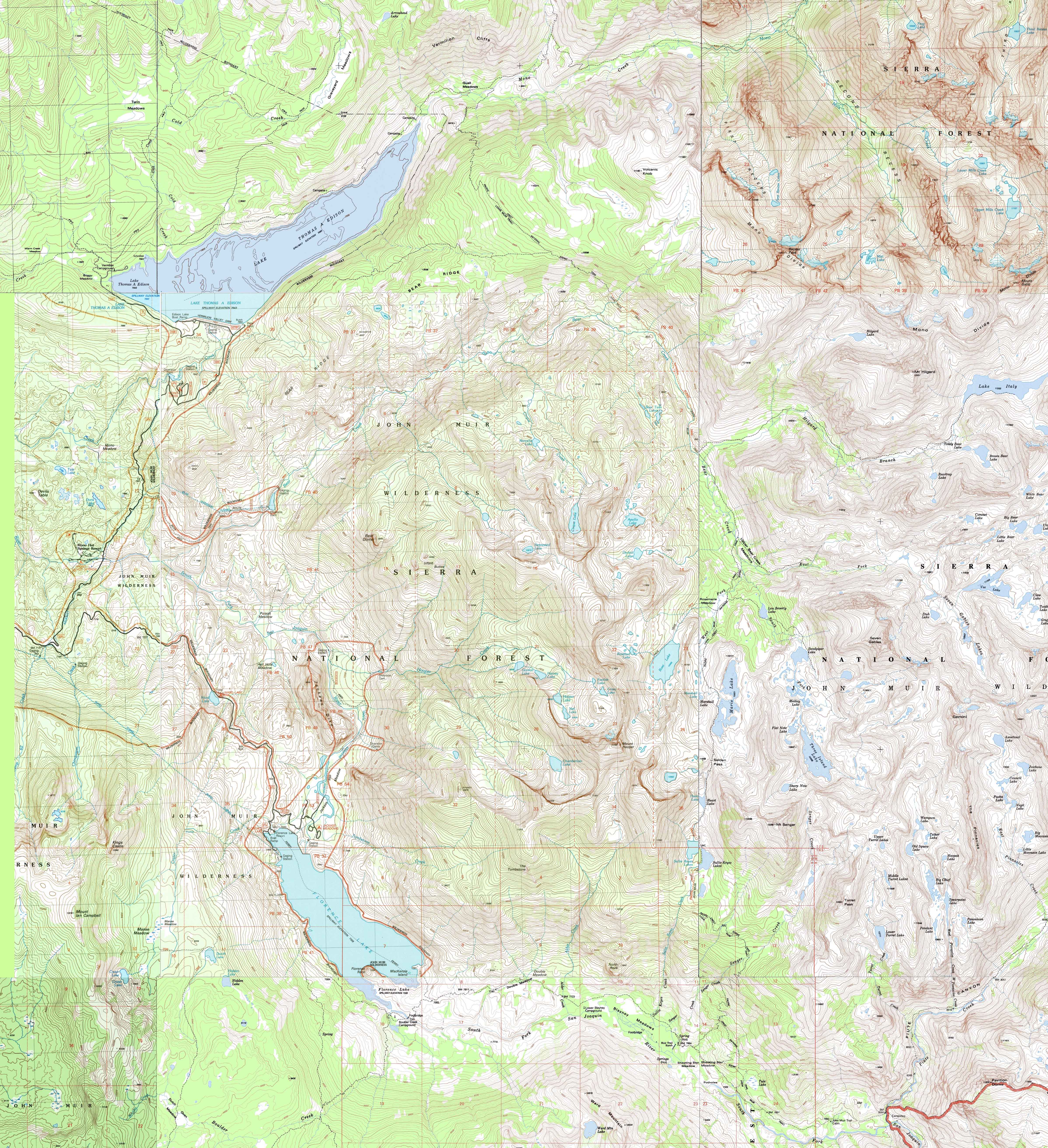 Backpacking map of JMT from Vermilion Valley to Muir Ranch.
