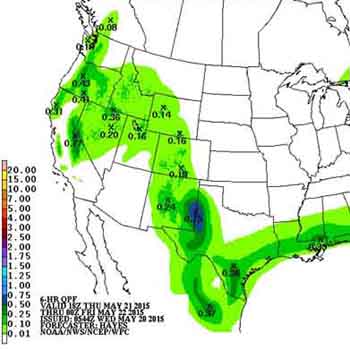 Seven day precipitation forecast covering the Sierra Nevada for backpackers, fishermen, hunters and hikers.
